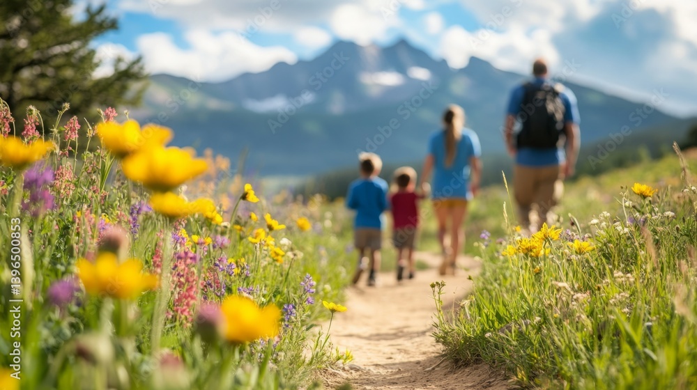 Family hike through vibrant wildflowers, mountains in the background. Family hike through vibrant wildflowers, mountains in the background.