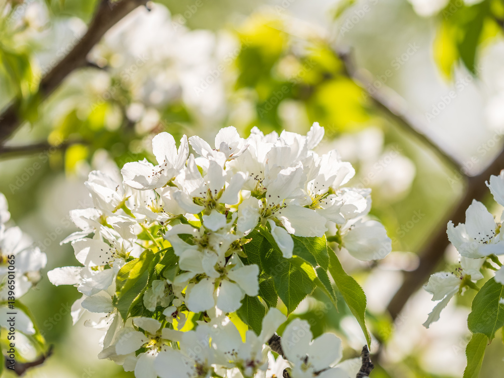 White blossoming apple trees in the sunset light. Spring season, spring colors. White blossoming apple trees in the sunset light. Spring season, spring colors.