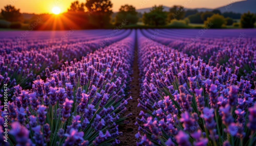 Fototapeta premium Lavender Fields at Dusk Endless rows of lavender beneath a glowing sunset, filling the scene with calming purples and gentle light.