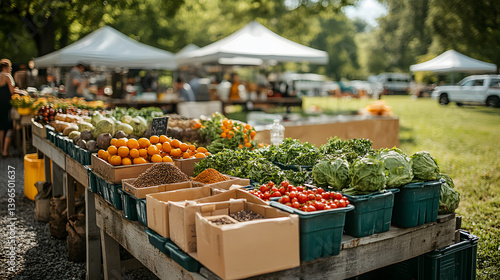 A lively farmers market showcasing an array of fresh produce. The vibrant colors and abundance of goods create a cheerful atmosphere. Vibrant Farmers Market: Fresh Produce and Community Spirit