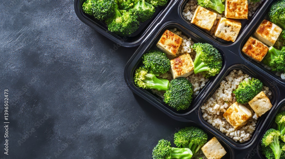 Prepared plant based meals of broccoli, rice, and tofu in containers for healthy eating and nutrition.