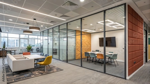 Corporate office with modern acoustic panels, soundproof glass meeting rooms, and a central workspace for team collaboration.
