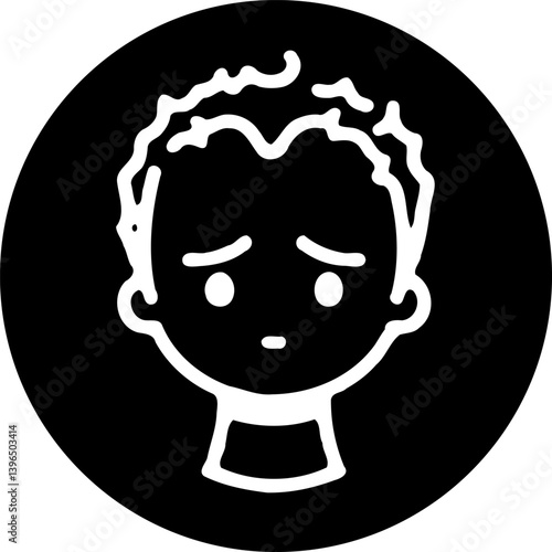 Monochromatic depiction of a sorrowful character within a circular frame