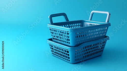 Two stacked blue plastic shopping baskets on a vibrant blue background.