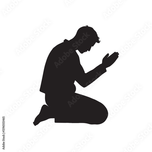 Man kneeling and praying silhouette silhouette man is on his knees praying white Background.