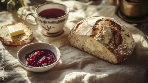 freshly baked bread placed next to a  dish of raspberry jam, creamy butter, and a steaming cup of tea