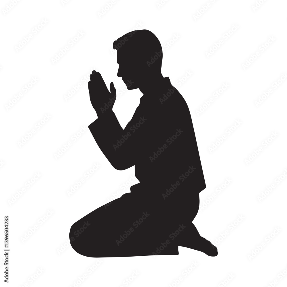 Man kneeling and praying silhouette silhouette man is on his knees praying white Background. Man kneeling and praying silhouette silhouette man is on his knees praying white Background.
