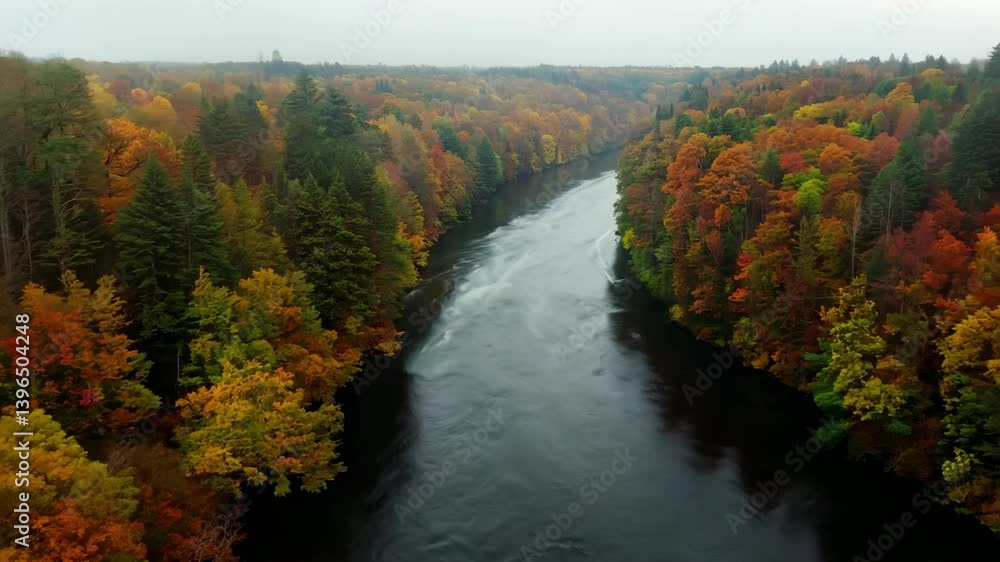 A serene river flows through a vibrant, colorful forest in autumn. A serene river flows through a vibrant, colorful forest in autumn.