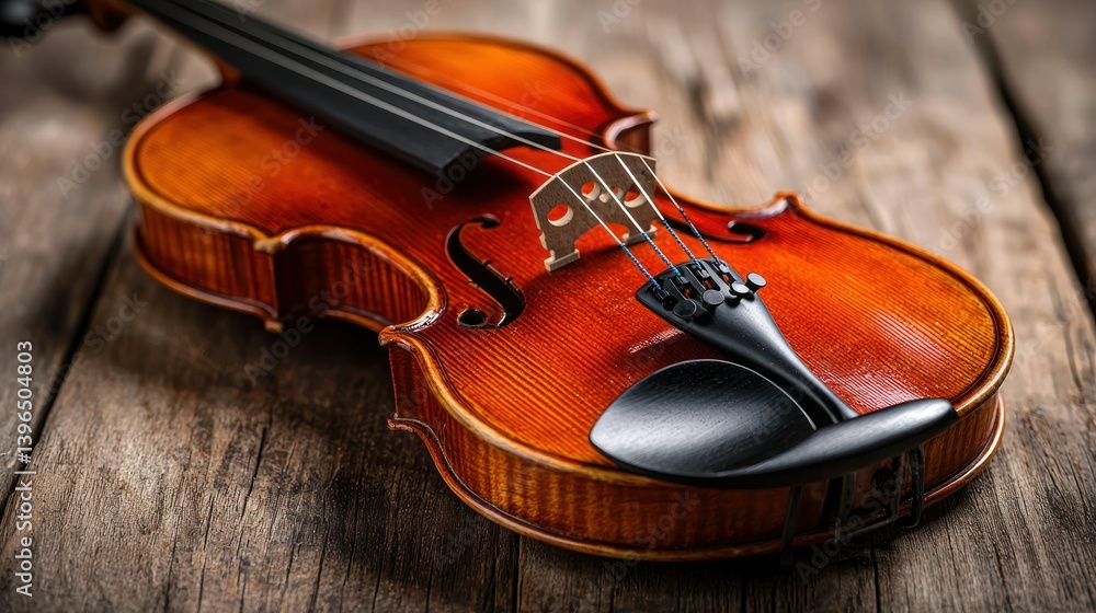 Violin detail, warm wood tones, black pegs & bridge, strings, on wooden surface Violin detail, warm wood tones, black pegs & bridge, strings, on wooden surface