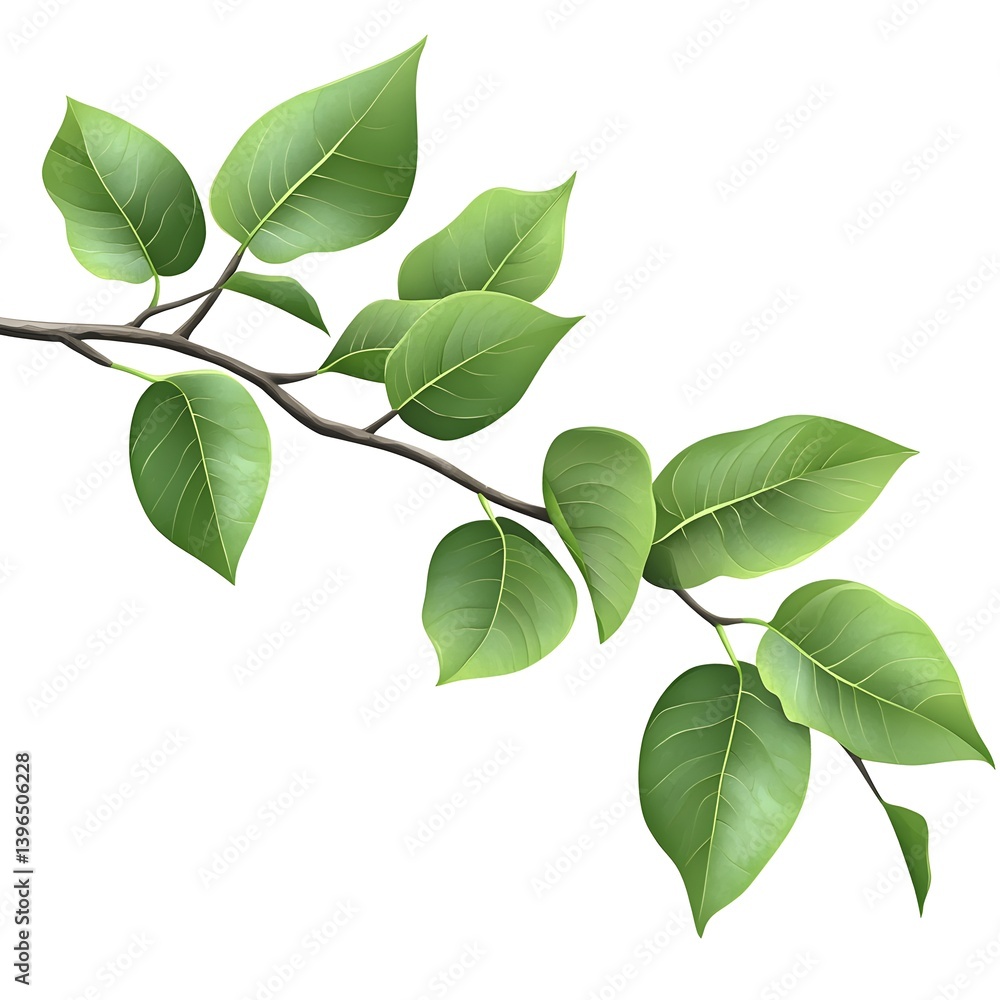 Green leaves on a branch, clipart with white background, Green leaves on a branch, clipart with white background,