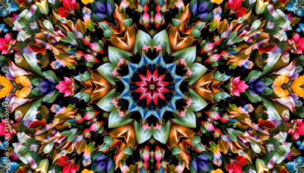 Fototapeta premium Botanical Kaleidoscope A kaleidoscopic pattern created from various leaves and flowers, showcasing intricate details and colors.