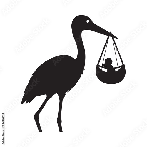 Stork and baby silhouette stork carrying a baby in a bag white Background.