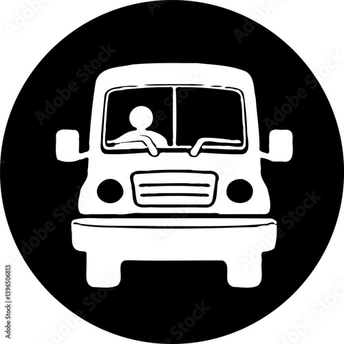 Stylized transportation icon featuring a white van against a black background