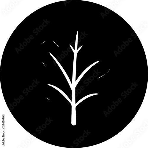 Minimalist monochrome graphic portraying a stark branch silhouette against a circular backdrop