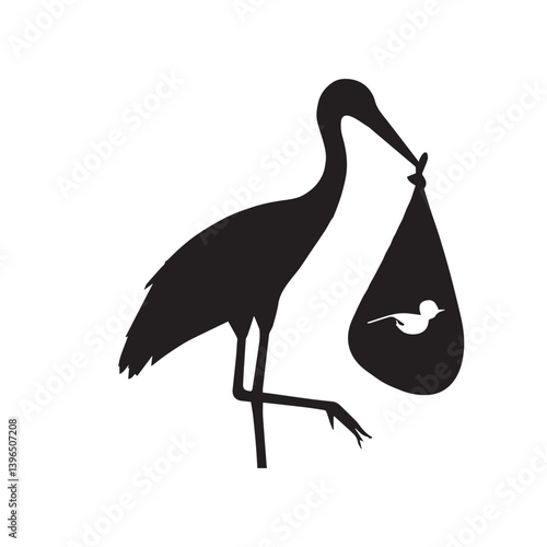 Stork and baby silhouette stork carrying a baby in a bag white Background.