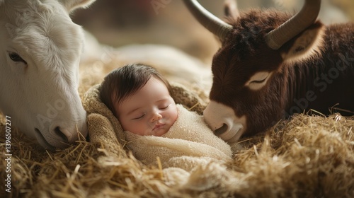 A peacefully sleeping newborn nestled in hay, gently observed by a brown and white cow. A heartwarming and tender scene