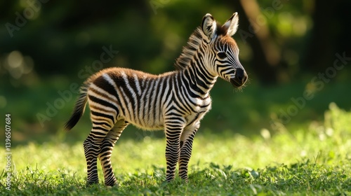 A young zebra stands in a lush green field, its striking stripes contrasting with the vibrant background. A captivating wildlife portrait