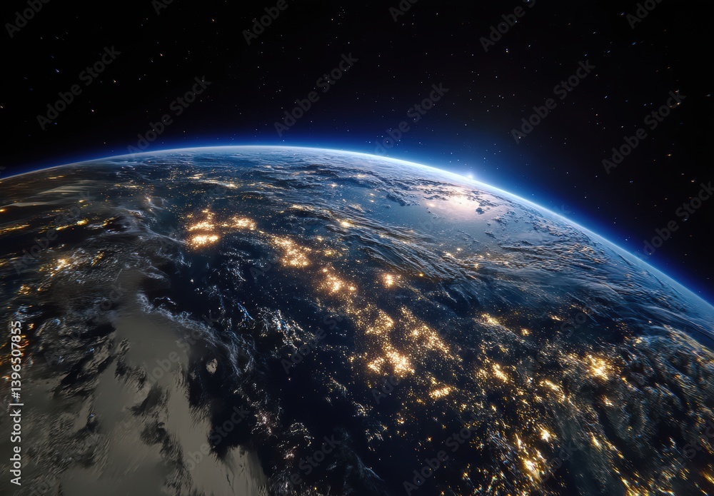 Fototapeta premium Stunning view of Earth from space, showcasing city lights and a vibrant sunrise.