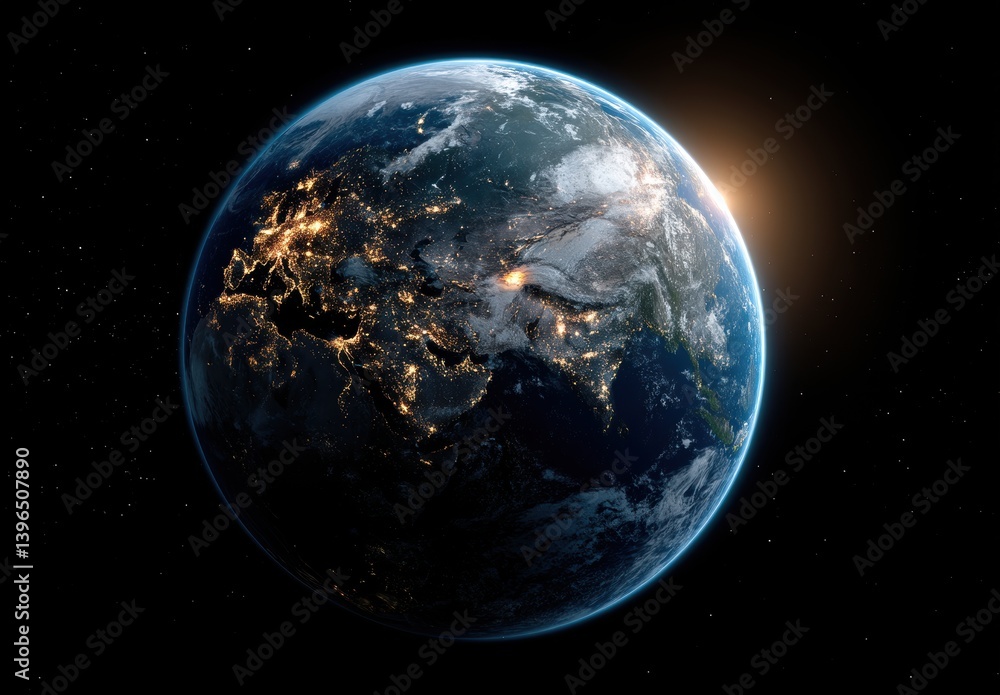 Obraz premium Stunning view of Earth from space with glowing city lights and a sunrise horizon.