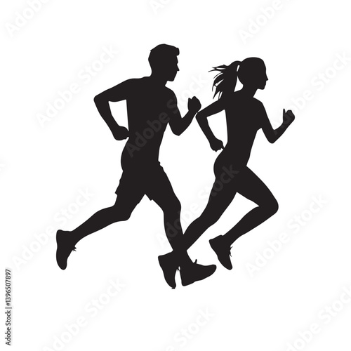 Running man and woman young athletes run in a race young couple running silhouette white Background