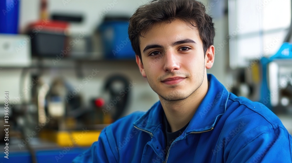 Obraz premium Portrait of a Young Mechanic in His Workshop