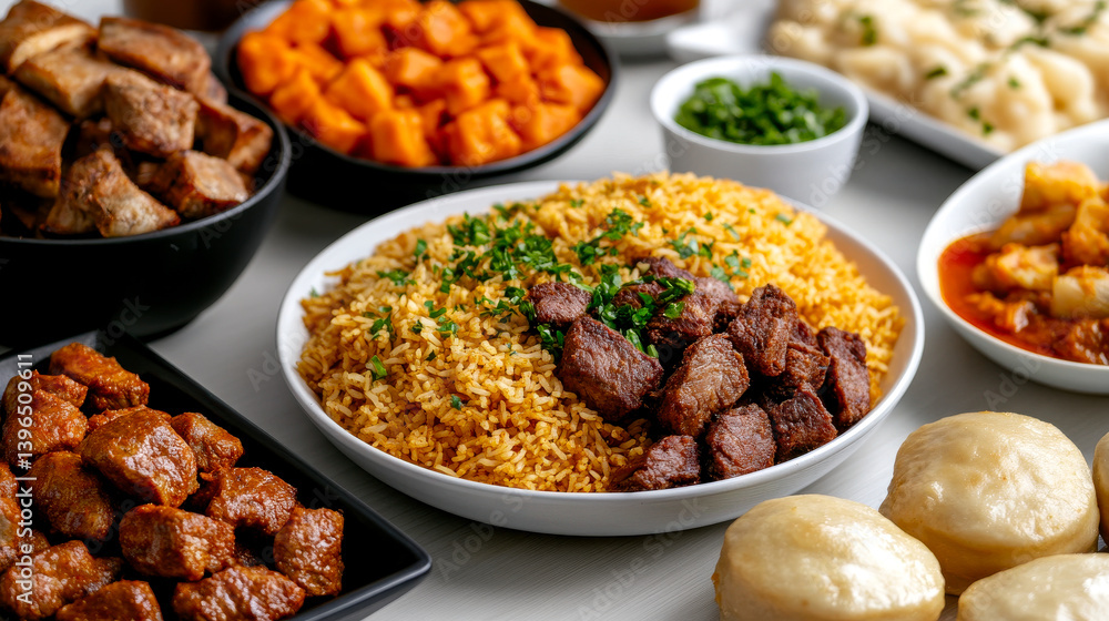 A vibrant spread of flavorful dishes, featuring rice, meats, and vegetables, showcasing a rich culinary experience. A vibrant spread of flavorful dishes, featuring rice, meats, and vegetables, showcasing a rich culinary experience.