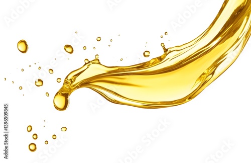 Olive oil splash isolated on a white background, a detailed illustration of an olive leaf and green olives in the shape of an abstract wave with drops of liquid, light reflection, 