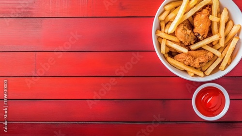 A bowl of crispy fried chicken and french fries on a red wooden table.