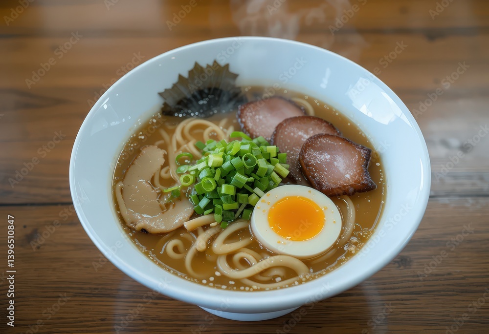 A steaming bowl of rich ramen soup, featuring tender noodles, succulent slices of meat, and vibrant green onions, garnished with a soft-boiled egg, all in a savory broth. A steaming bowl of rich ramen soup, featuring tender noodles, succulent slices of meat, and vibrant green onions, garnished with a soft-boiled egg, all in a savory broth.