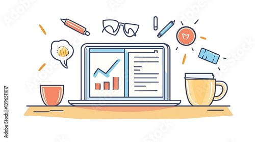 Laptop with graphs and office supplies on a desk.