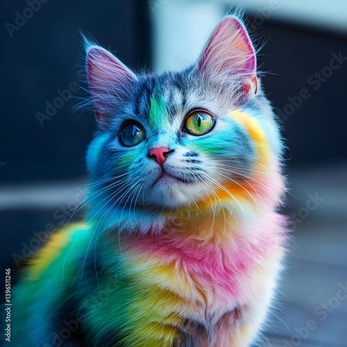 A cat with a rainbow colored coat is staring at somewhere