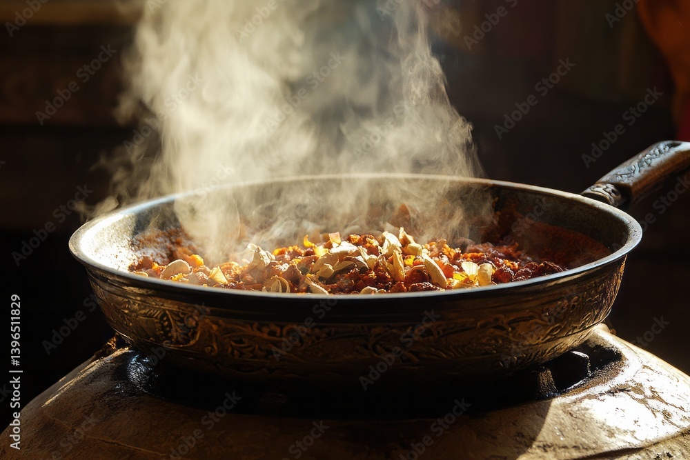 Steam rising gently as spices sizzle in the pan, filling the kitchen with warmth. The rich scent of Eid cooking fills the air Steam rising gently as spices sizzle in the pan, filling the kitchen with warmth. The rich scent of Eid cooking fills the air