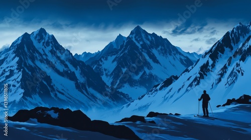 Person stands on snowy ground with mountains in the background under a cloudy sky.