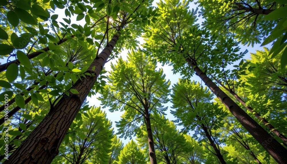Obraz premium Lush Green Canopy View from Below Tall Trees in a Forest Sunlight Filters Through Leaves