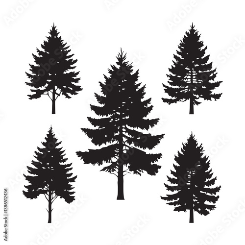 Collection of pine tree silhouettes .white Background.
