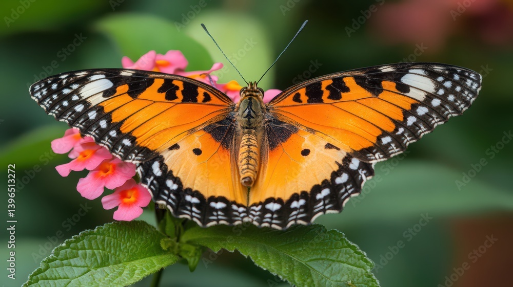 Obraz premium Closeup of an Orange Butterfly on Pink Flower