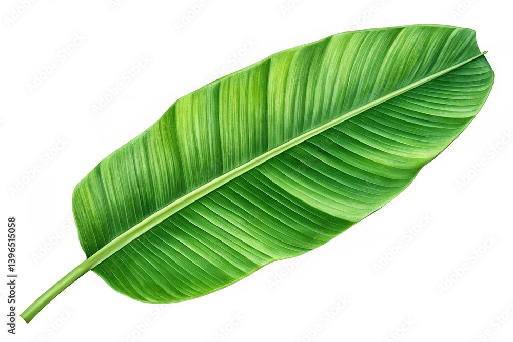 Fototapeta premium Green banana leaf isolated on white background. A vibrant green banana leaf isolated against a white background, showcasing its natural texture and vivid color