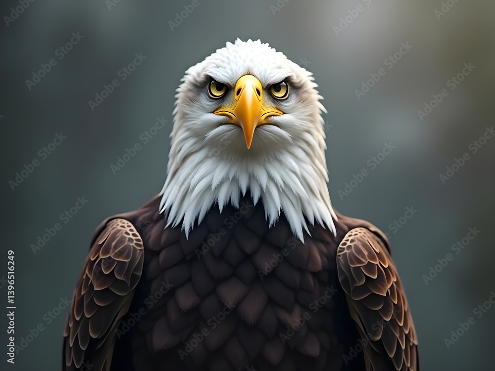 A majestic bald eagle, with its iconic white head and yellow beak, is the focus. The shallow depth of field isolates the eagle against a blurred gray background. High resolution and soft lighting. A majestic bald eagle, with its iconic white head and yellow beak, is the focus. The shallow depth of field isolates the eagle against a blurred gray background. High resolution and soft lighting.