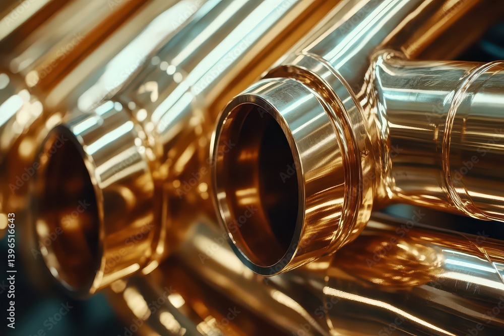 Naklejka premium Close-up of shiny brass pipes arranged in a stack, reflecting light in a workshop setting