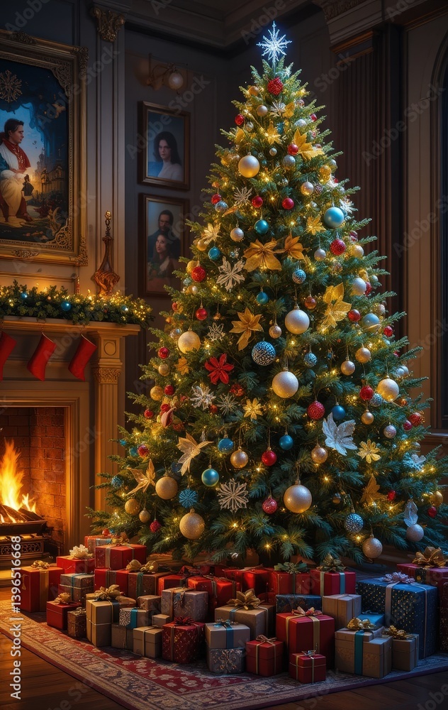 Fototapeta premium A beautifully decorated Christmas tree adorned with twinkling lights and colorful ornaments stands tall, surrounded by an array of wrapped presents in festive paper beneath its branches.