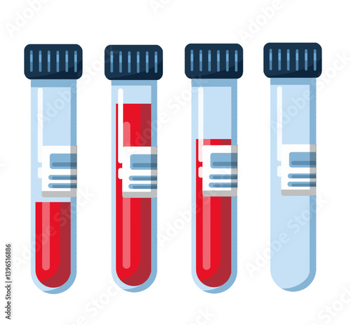 Blood sample for medical test with different blood volume. Set of blood test tubes isolated on white background. Suitable elements design for laboratory research, chemistry, and medical analysis.