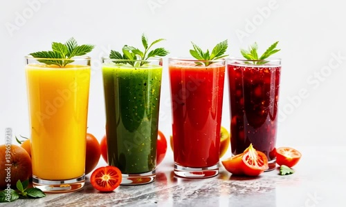 Wallpaper Mural colorful juice glasses on marble table Torontodigital.ca