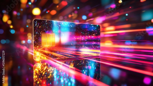 A vibrant, futuristic credit card glows amidst colorful streaks of light, creating a dynamic and tech-inspired visual effect.