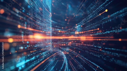 A futuristic digital landscape with streams of light and data flowing through a vibrant, abstract space.