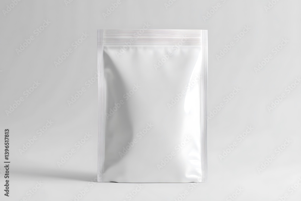 Glossy White Pouch Mockup, Minimalist Style, Standing on Light Gray Background Glossy White Pouch Mockup, Minimalist Style, Standing on Light Gray Background