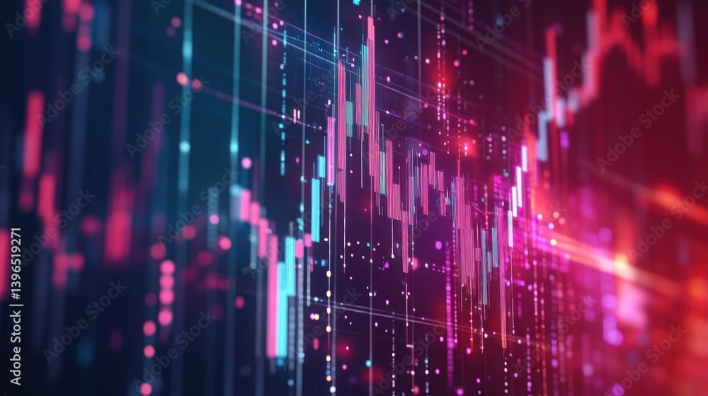 Obraz premium Abstract Financial Data Visualization, Dynamic Stock Market Charts in Neon Pink and Blue