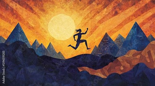 Silhouette of a person running over mountains with a bright sun in background.