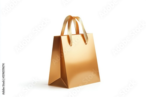 Elegant Gold Shopping Bag with Ribbon Handles on White Background