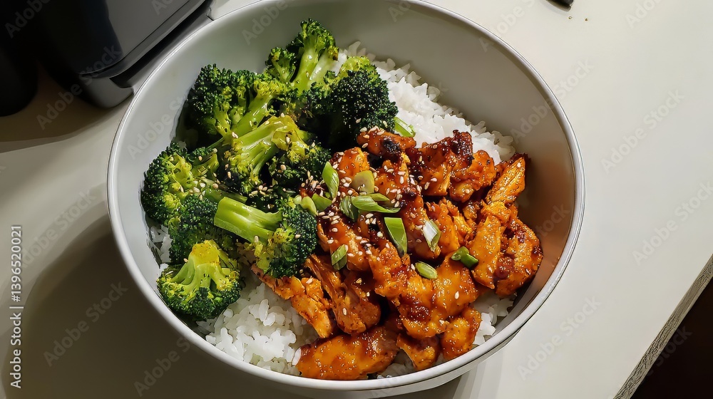 Chicken, Broccoli and Rice: a balanced homemade meal in a bowl ready to eat. Chicken, Broccoli and Rice: a balanced homemade meal in a bowl ready to eat.