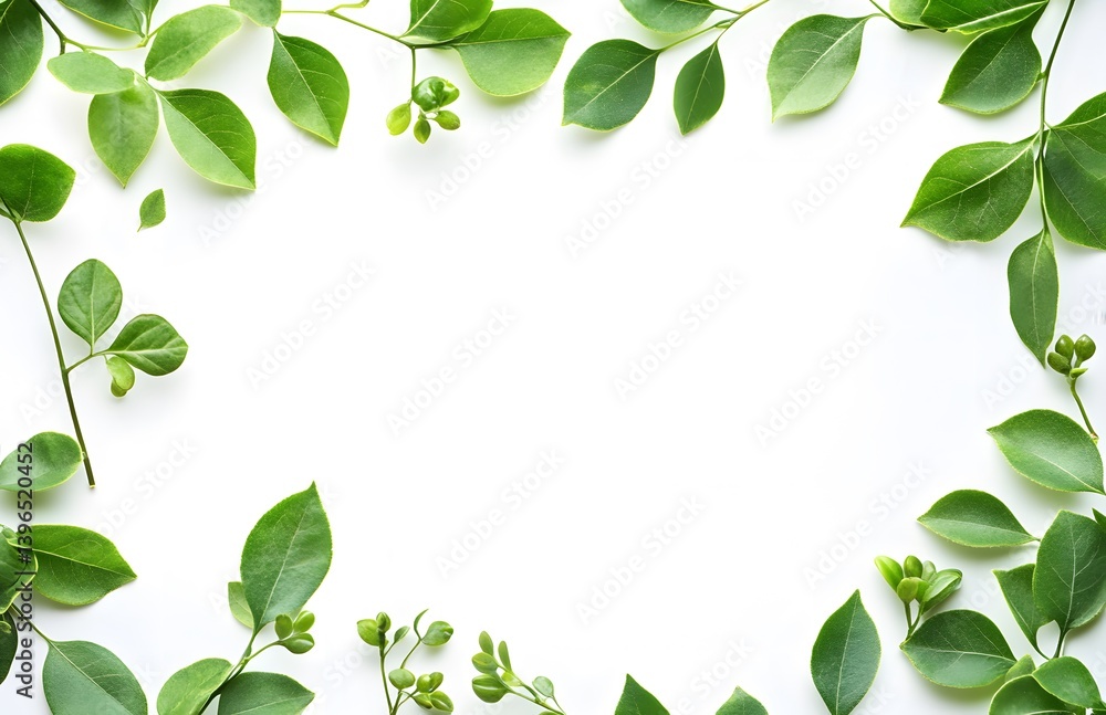 White background with green leaves on the edges, white space in the center for text, high resolution, White background with green leaves on the edges, white space in the center for text, high resolution,